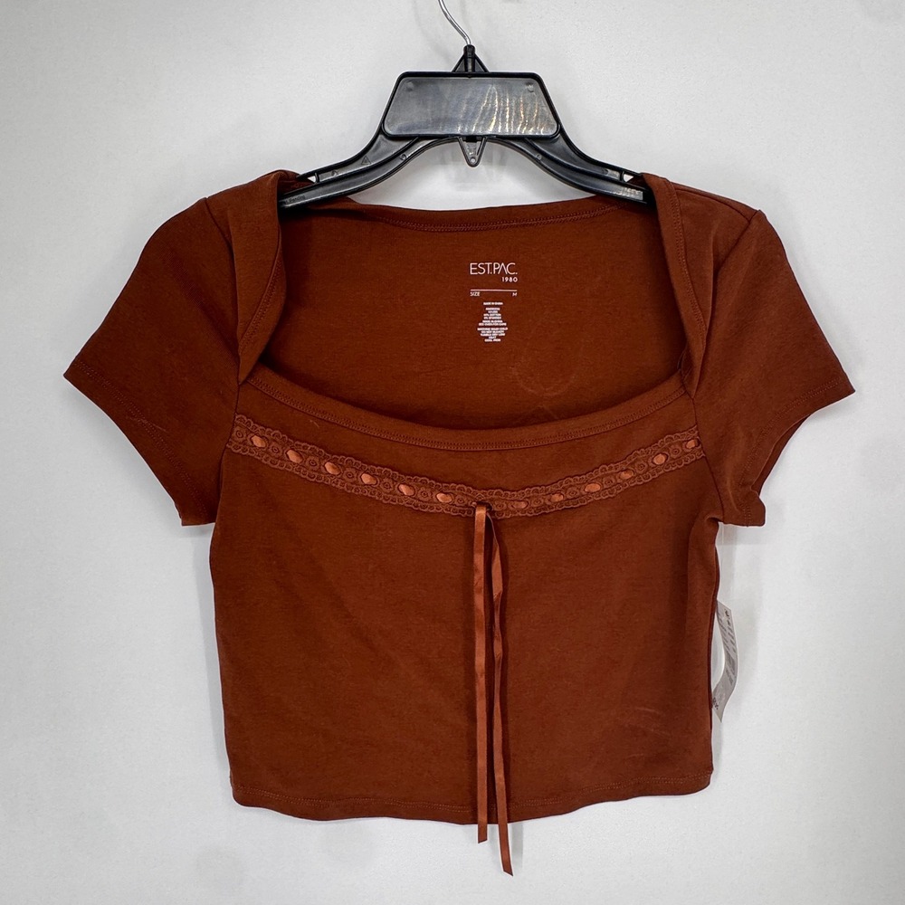 Est.Pac 1980 Crop Top Womens Medium Brown NEW Lace Trim Ribbon Square Neck 0007